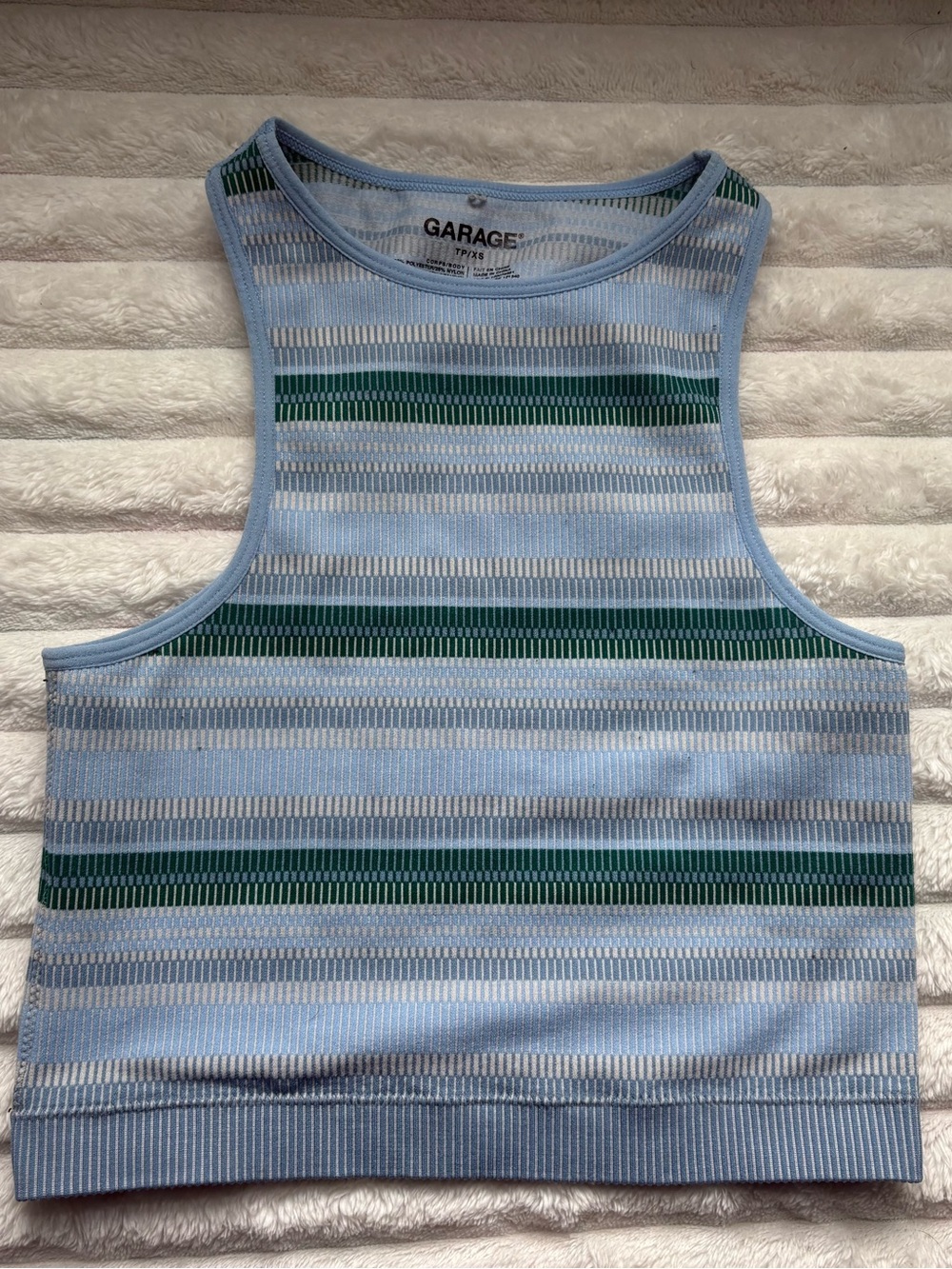 Garage Light Blue & Green Striped Ribbed Crop Tank